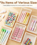 Slick And Solid Plastic Storage Baskets For Classroom Organizing And Teacher Desk Organization Premium Beige Containers filled with supplies.