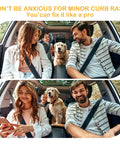 Family sitting in a car with two dogs, smiling and looking at each other.