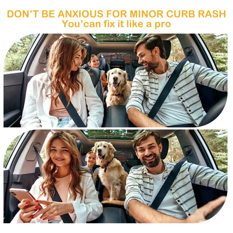 Family sitting in a car with two dogs, smiling and looking at each other.