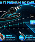 10 ft Premium DC Cable with black jacket, displaying low temperature data for high power performance, ideal for satellite routers.
