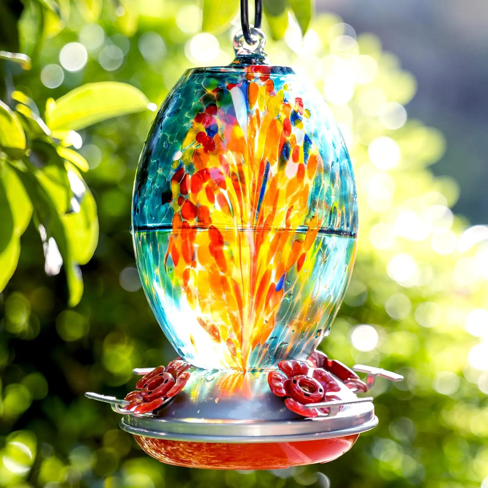 Blown Glass Hummingbird Feeder 27oz Blue Design ✓