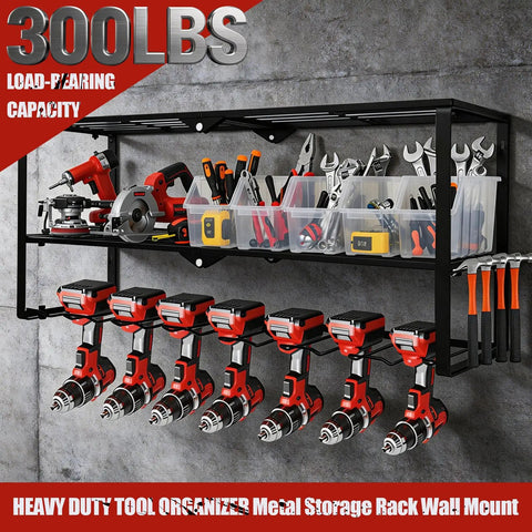Power Tool Organizer Wall Mount With 3 Level Drill Rack And Charging Station, Adjustable Hooks And Eight Drill Holders