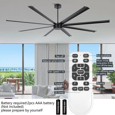 96 Inch Industrial Ceiling Fan No Light With 8 Aluminum Blades, Remote And App Control for shops and gyms, displayed indoors.