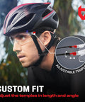 Cyclist wearing clear anti fog safety glasses with scratch resistant wraparound lenses and adjustable temples, ANSI Z87 certified.