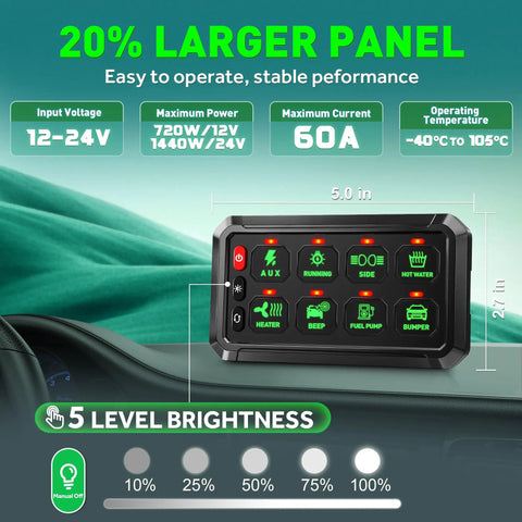 Green 8 Gang Switch Panel With Momentary On Off Touch Switches, All-In-One Auxiliary Control Box dimensions and brightness levels.