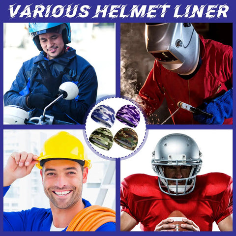 10 Pack Skull Caps For Men, cooling helmet liners in various camouflage patterns for sports and welding; suitable for diverse activities.