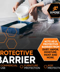 Person applying paint over Rock Solid Heavy Duty Clear Plastic Sheeting Roll 20ft by 100ft, 5.2 Mil Poly Sheet, protective barrier details.