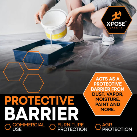 Person pouring paint on floor covered with Heavy Duty Clear Plastic Sheeting Roll 10 Ft By 100 Ft 10 Mil Poly Waterproof Dustproof Vapor Barrier