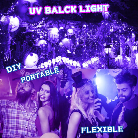 UV BALCK LIGHT with Battery Operated Copper Wire Fairy Lights 16.4Ft UV Black Light LED String With 50 LEDs in a party setting.