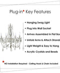 Plug In 6 Light Crystal Hanging Swag Chandelier With White Metal Frame Clear Glass Stem And Acrylic Crystals features