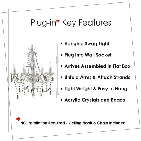 Plug In 6 Light Crystal Hanging Swag Chandelier With White Metal Frame Clear Glass Stem And Acrylic Crystals features