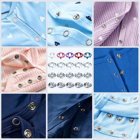 Nifty 9.5 Mm Hollow Metal Snap Fasteners Kit With Pro Level Pliers Includes 100 Sets Of Cool No Sew Press Studs In 10 Assorted Shades on baby clothes