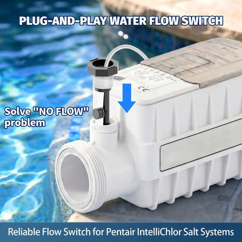 Non OEM Flow Switch Replacement 520736 For IntelliChlor IC15 IC20 IC40 IC60 Salt Chlorinator Systems Compatible With Pentair EasyTouch And IntelliTouch Control Panels No Fuss Easy Install white flow switch on pool chlorinator