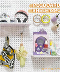 4 Piece Pegboard Shelf Set For Quarter Inch Metal Pegboards Wood Shelves with various items in a wall mounted display