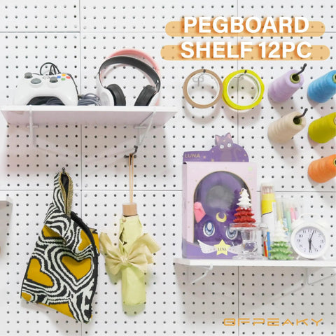 4 Piece Pegboard Shelf Set For Quarter Inch Metal Pegboards Wood Shelves with various items in a wall mounted display