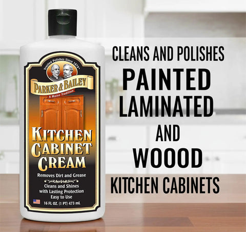 Kitchen Cabinet Creme Cleaner And Grease Remover For Wood Surfaces, No Fuss 16 Oz bottle on a kitchen counter