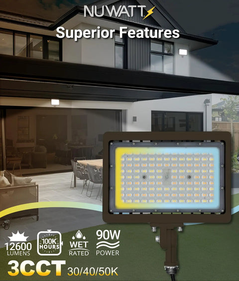 Close-up of 90W LED Flood Light With 3CCT 3000K 4000K 5000K Selectable, IP65 Waterproof Outdoor Security Floodlight in a yard