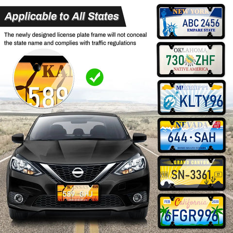 Stainless Steel License Plate Frames 2 Pack With 4 Hole Mount For US Vehicles Includes Screws Washers Caps Black
