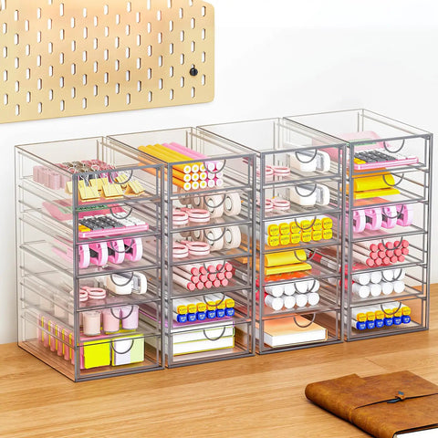 Real Talk No Fuss Clutter Crusher Game Changer Vanity Setup Easy Glide Bins Crisp Acrylic Cosmetic Holders for Desks displaying organized stationery.