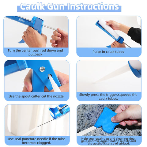 Step-by-step guide for using All In One Caulk Gun Kit With No Drip Silicone Caulking Gun And Caulking Tools For Kitchen And Bathroom Sealing