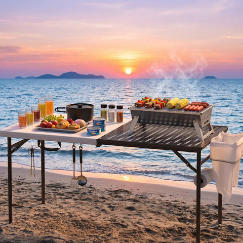 5ft Folding Camping Table With Dual Surface Metal Grill Grid And Solid Prep Top Heavy Duty Portable Outdoor Table for beach BBQ setup