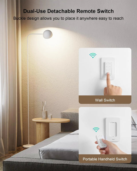 Three Independent Remote Control Outlets Wall Mounted Light Switch Kit With 200Ft RF Range shown with detachable remote switch