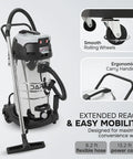 Top Shelf 26.5 Gallon Wet Dry Shop Vacuum With Heavy Duty Steel Tank, Knockout Peak Horsepower Suction, Portable Two In One Build, No Sweat Handling Jobsite Or Garage Debris with smooth wheels and ergonomic handle.