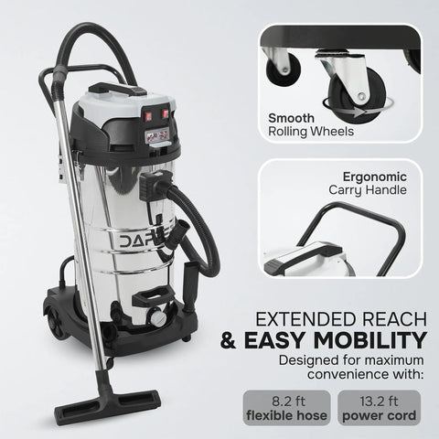 Top Shelf 26.5 Gallon Wet Dry Shop Vacuum With Heavy Duty Steel Tank, Knockout Peak Horsepower Suction, Portable Two In One Build, No Sweat Handling Jobsite Or Garage Debris with smooth wheels and ergonomic handle.