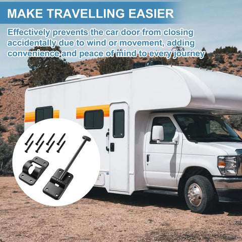 Road Warrior Six Inch T Style Entry Door Holder For Camper And RV Setups with screws, black mount shown outside RV.