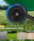 Close-up of 10-inch tire on Foldable Handle Two Wheel Garden Cart With Ten Inch Pneumatic Tires Heavy Duty Yard Wagon for soil and mulch.