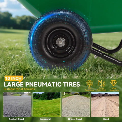 Close-up of 10-inch tire on Foldable Handle Two Wheel Garden Cart With Ten Inch Pneumatic Tires Heavy Duty Yard Wagon for soil and mulch.