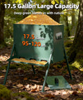 Rock Solid Heavy Duty Deer Feeder Delivering Ninety To One Hundred Ten Pound Capacity And Eighteen Gallon Storage Perfect For Big Game Hunting Trails featuring sturdy green design with 17.5 gallon capacity.