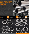 400 Piece 6 Size 304 Stainless Steel SAE External And Internal Star Washers, Split Lock Washers, Flat Washers, And Spring Lock Washers Assortment Kit For Home, Industry, And Construction, with 304 stainless steel washers displayed
