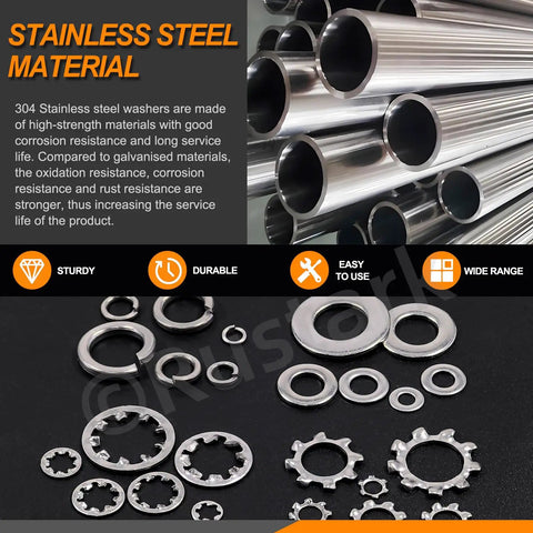 400 Piece 6 Size 304 Stainless Steel SAE External And Internal Star Washers, Split Lock Washers, Flat Washers, And Spring Lock Washers Assortment Kit For Home, Industry, And Construction, with 304 stainless steel washers displayed