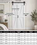 Image showing Game Changing 30 Inch Bifold Barn Doors With 34 Inch Hardware Kit Included and dimensions in a modern home setting.
