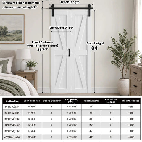 Foolproof Setup Bifold Barn Doors 40 Inch By 84 Inch With Badass 44 Inch Slider Track Kit shown in a modern room with dimensions.