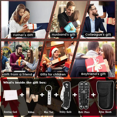 Collage of gift-giving scenarios with military grade multitool gift set contents: greeting card, ribbon, mini tool, utility knife, multi pliers, nylon sheath.