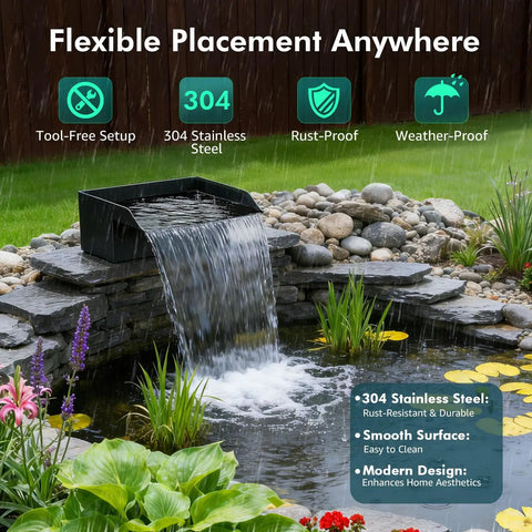 Waterfall Kit With 8 Inch Spillway 660 GPH Pump And Filter Cage in garden pond setting with stone surround.