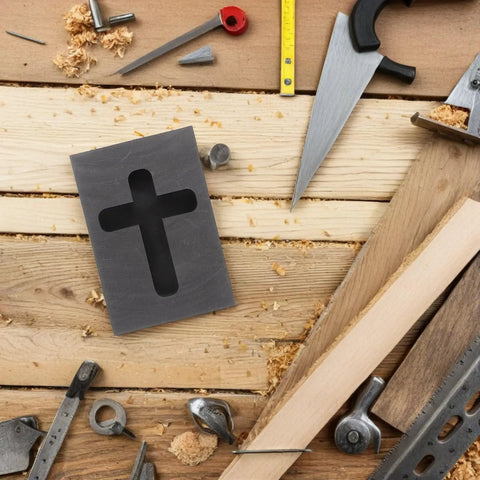 Graphite Cross Shaped Casting Mold for Melting Trusted by Jewelers High Precision Graphite Tool on a woodworking table