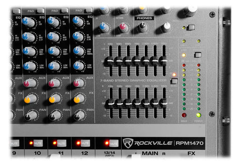 Close-up of controls on 6000W Peak 14-Channel Powered Mixer With USB Bluetooth, 24-Bit Effects, 14 XDR2 Mic Preamps, 750W RMS x 2 at 4 Ohm