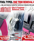 Heavy Duty Nylon Trim Removal Tool Kit For Cars With Slick Pry Bars No Sweat Clip Pliers Premium Dashboard Panels Pro Auto Interior Repair Gear, featuring trim pry tools and stereo removal keys.