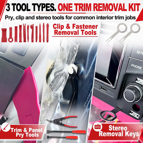 Heavy Duty Nylon Trim Removal Tool Kit For Cars With Slick Pry Bars No Sweat Clip Pliers Premium Dashboard Panels Pro Auto Interior Repair Gear, featuring trim pry tools and stereo removal keys.