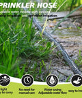 Flat Soaker Hose With Holes 50 Ft For Lawn And Garden Watering, 3 Tube Sprinkler Hose Kit With End Caps shown in garden setup