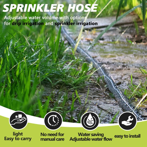Flat Soaker Hose With Holes 50 Ft For Lawn And Garden Watering, 3 Tube Sprinkler Hose Kit With End Caps shown in garden setup