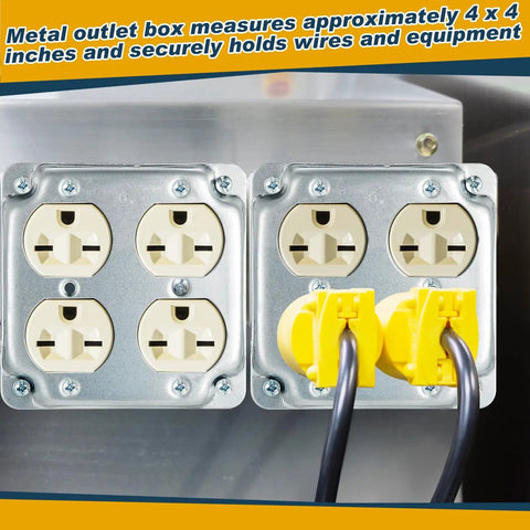 Four Pack 4 By 4 Inch Electrical Junction Boxes With Covers, metal outlet box set, 21 cu in capacity, installed view