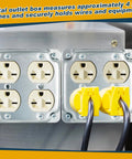 Eight-Pack 4x4 Metal Electrical Boxes Kit With Duplex Receptacles, 1/2 Inch Knockouts, 1-1/2 Inch Deep, 21 Cu In Capacity, Galvanized Junction Boxes With Ground Wires, Covers And Screws mounted with yellow plugs inserted.