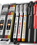 Built Like A Tank Carpenter Pencil Set With Sharpener And Eraser includes colored markers, refills, and a snug storage case.