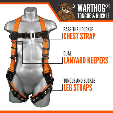 Warthog Construction Safety Harness For Fall Protection With Back D Ring Chest And Leg Buckles Fall Indicators Breakaway Lanyard Keepers OSHA And ANSI Compliant Comfortable Fit For Everyday Job Sites shown on mannequin.