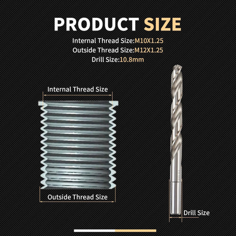M10x1.25 thread repair kit with stainless steel insert and 14mm HSS drill; 10-piece set