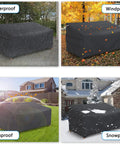 Heavy Duty Waterproof Outdoor Sofa Cover For A 3 Seater Loveseat, All Weather Protection, Snug Fit With Adjustable Strap, Images of sofa cover in different weather conditions, 79 Inch Long By 37 Inch Deep By 35 Inch High, Black.